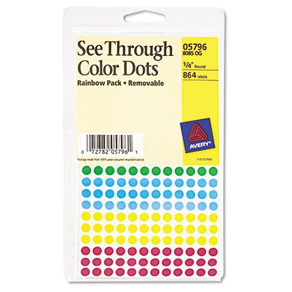 Avery Avery 05796 See-Through Removable Color Dots- 1/4in dia- Assorted Colors- 864/Pack 5796